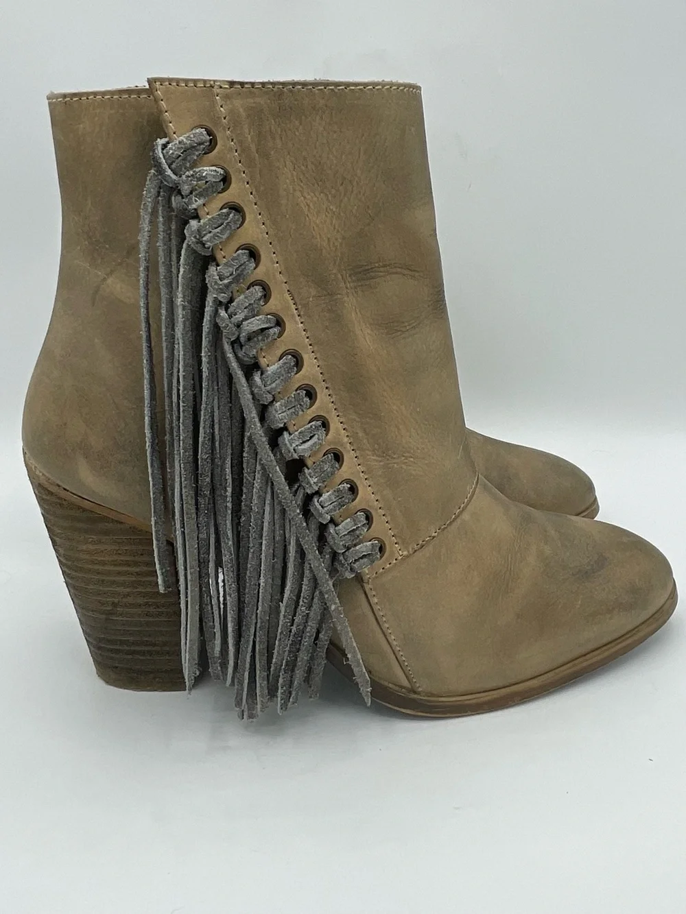Diba True Jilly Ann Fringe Leather Ankle Boots in Taupe/Tan.